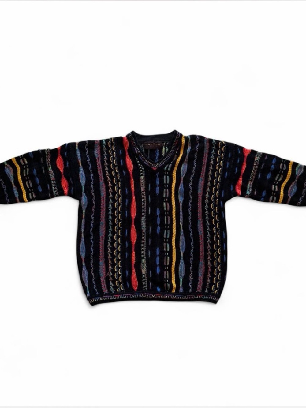 Tundra Black V-Neck Sweater with Red, Blue, Yellow & Gray Stripes
